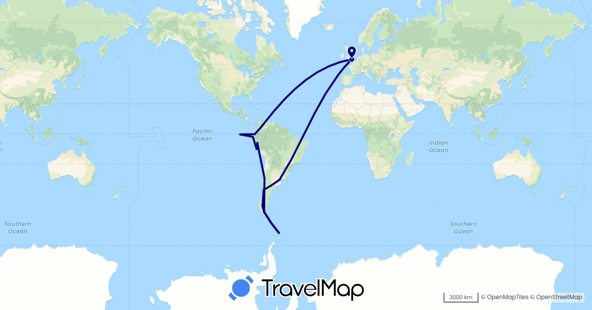 TravelMap itinerary: driving in Argentina, Chile, Colombia, Ecuador, United Kingdom, Peru (Europe, South America)